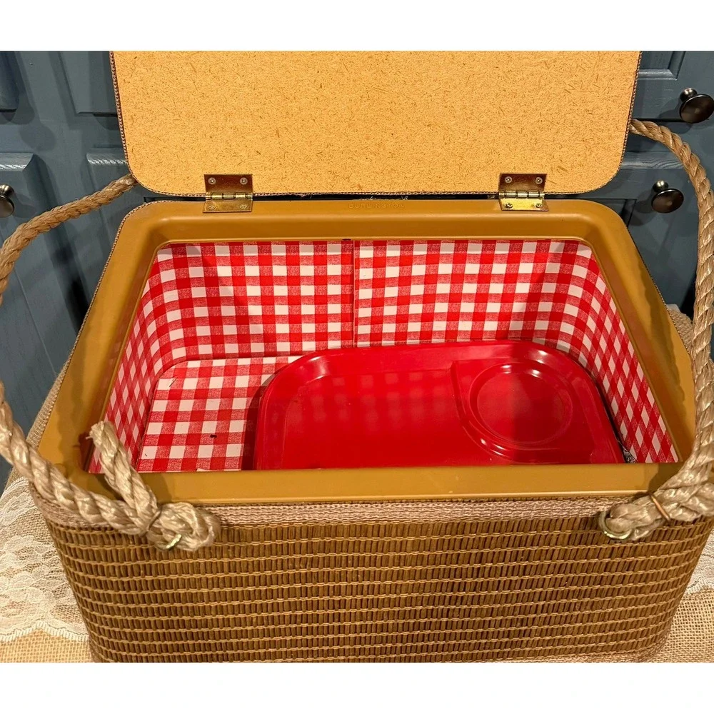 Vintage Burlington Hawkeye Picnic Basket Woven Rope Handles Red Gingham 3 Trays
